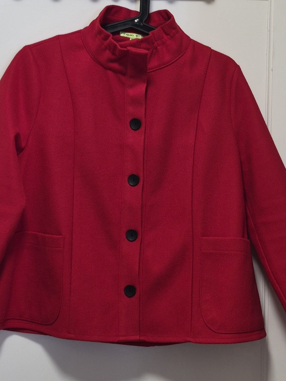 Red Stand-Collar Pea Coat with Black Buttons – Women’s